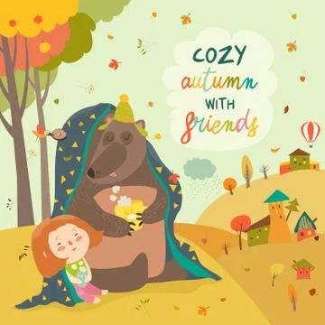 Little girl and bear sitting under plaid on the autumn lawn Stock Illustration