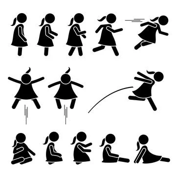 Little girl basic action poses stick figure icons. Vector illustration of a s Stock Illustration