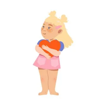Little Girl with Blonde Hair Holding Heart Vector Illustration Stock Illustration