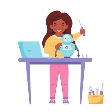 Little girl building a robot. Robotics, programming and engineering for kids Stock Illustration
