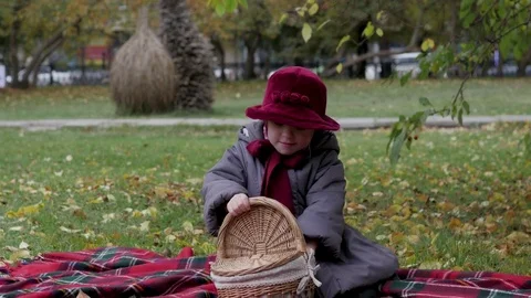 Little girl collects autumn foliage in the park Stock Footage