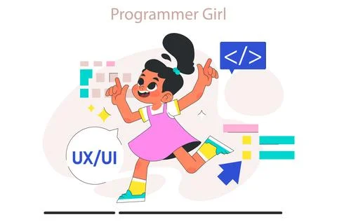 Little girl do programming. Computer science, AI, game technologies Stock Illustration