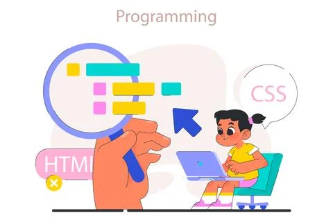 Little girl do programming. Computer science, AI, game technologies Stock Illustration