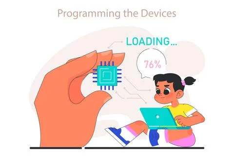 Little girl do programming. Computer science, AI, game technologies Stock Illustration