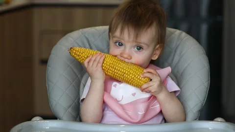 A little girl eats an ear of boiled corn Stock Footage 318001384
