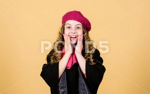Little girl in french beret. Fall trend beauty. autumn fashion. Happy childhood Stock Photos