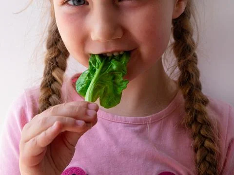 Little girl with fresh spinach in hand white background. Child eats natural f Stock Photos
