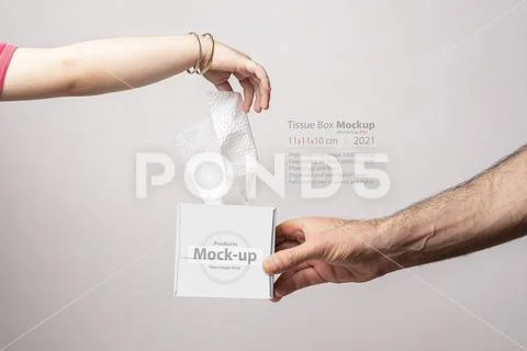 Little girl hand pulling a tissue from tissue box mock-up series PSD Template