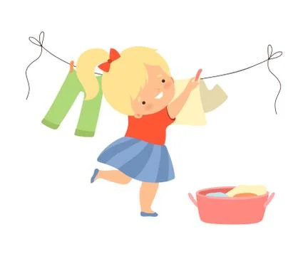 Little Girl Hanging Laundry on Clothes Line Vector Illustration Stock Illustration