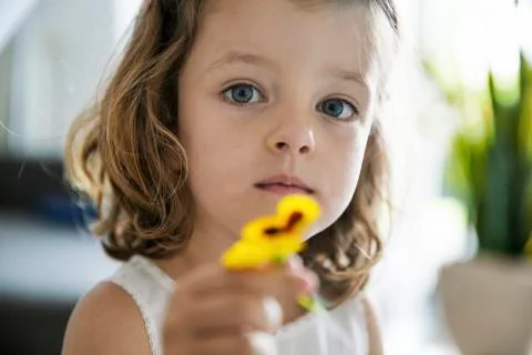Little girl holding pansy blossom in her hand, close-up Stock Photos