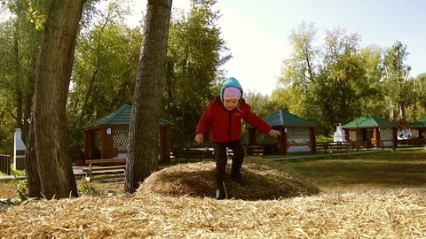 Little girl jumping in haystack 库存影片 70821083