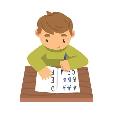 Little Girl Learning to Write, Elementary School Student Sitting at Desk and Stock Illustration