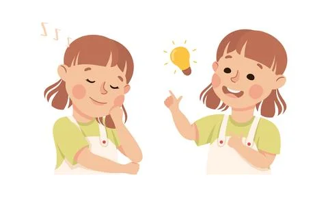 Little Girl with Light Bulb Having Idea and Snoring Demonstrating Facial Illustrazione stock