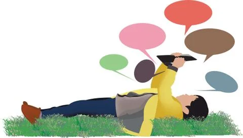 Little girl lying down with tablet raised looks Stock Illustration