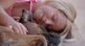 Little girl lying on side with her dog have fun HD Footage