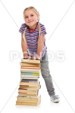 Little girl with a pile of books Stock Photos