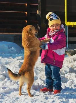 Little girl playing with a mongrel dog in the snow Stock Photos