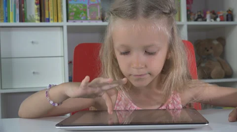 Little Girl Playing Tablet, Computer, Child Surfing Internet on Ipad, Kid Office Stock Footage 39679296