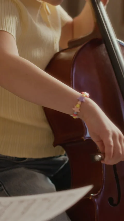 Little Girl Practicing Cello during Music Class at Home Stock Footage 336175904
