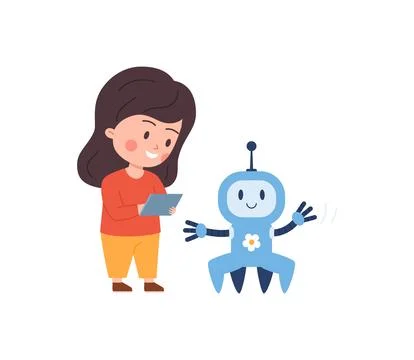 Little girl programming cute robot with tablet, cartoon flat vector illustration Stock-Illustration