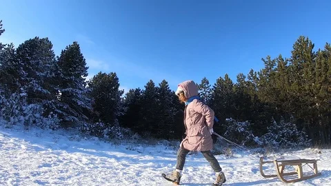 Little girl pulling sledge Stock Footage 116569319