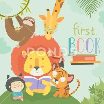 Little girl reading book with cartoon animal. Lion,tiger,giraffe,slot Stock Illustration