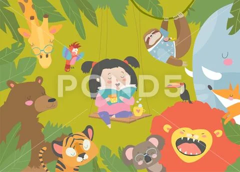 Little girl reading book with cartoon animal. Lion,tiger,giraffe,slot Stock Illustration