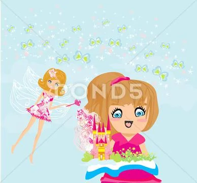 Little girl reading fairy tales Stock Illustration