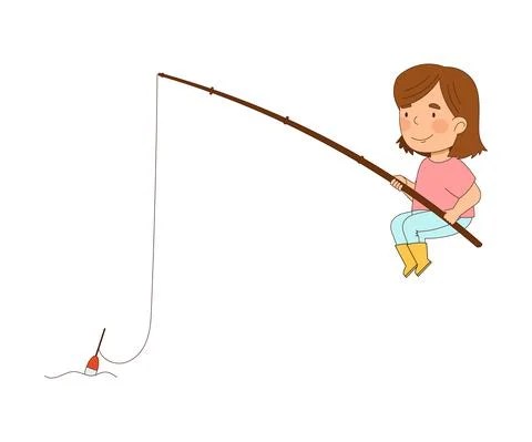Little Girl in Rubber Boots Sitting with Fishing Rod Catching Fish Vector Stock Illustration