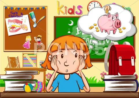Little girl sitting in the classroom Stock Illustration