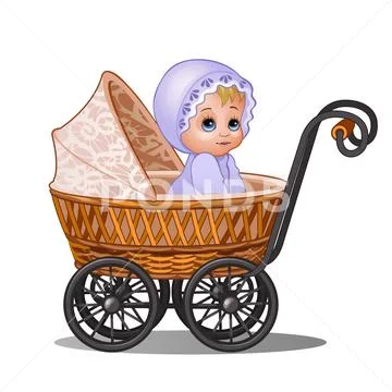 Little girl sitting in a vintage stroller isolated on white background. Vector Stock Illustrationen
