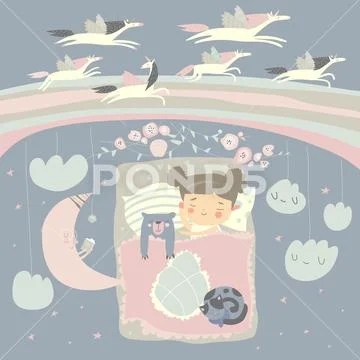 Little girl sleeping with teddy bear under the stars,rainbow and moon Stock Illustration