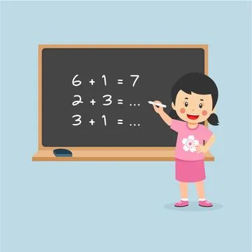 Little Girl Solving Math Problem Blackboard 스톡 일러스트