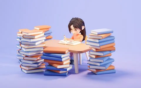 Little girl study hard, learning at desk, 3d rendering. Stockillustratie