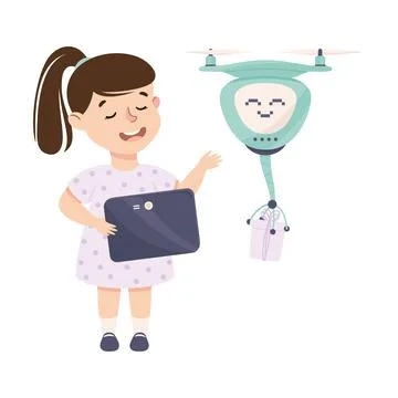 Little Girl with Tablet Programming Drone Robot Using Smart Technology and Illustrazione stock
