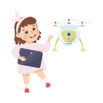 Little Girl with Tablet Programming Drone Robot Using Smart Technology and 스톡 일러스트