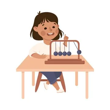 Little Girl Working on Physics Science Experiment with Pendulum Vector Stock Illustration