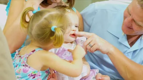 Little Girls Caucasian Parents Games Console Stock Footage