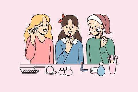 Little girls do makeup using lipstick and mascara or powder to prepare for Stock Illustration