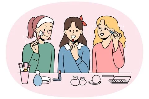 Little girls do makeup using lipstick and mascara or powder to prepare for Stock Illustration