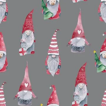Little gnomes seamless pattern on a dark blue background. Christmas gnome in a Illustrazione stock
