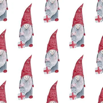 Little gnomes seamless pattern on a dark blue background. Christmas gnome in a Stock Illustration