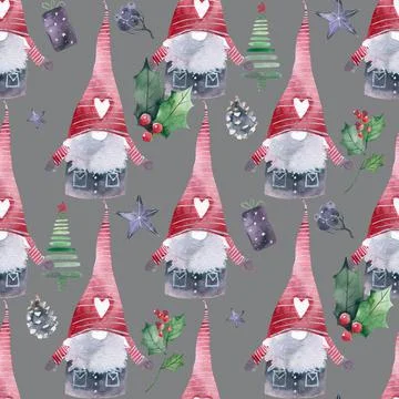 Little gnomes seamless pattern on a dark blue background. Christmas gnome in a Stock Illustration