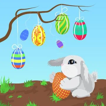 Little gray rabbit with the Easter eggs hanging on a branch vector illustration. Stock Illustration