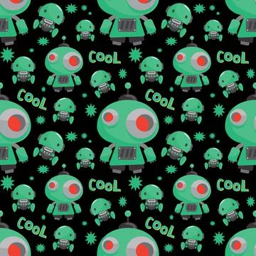 Little green robot repeat pattern on black background Stock Illustration
