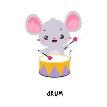 Little Grey Mouse Playing Drum Beating with Sticks Demonstrating English Verb Stock Illustration
