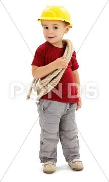 Little handyman with rope, wearing protective helmet Stock Photos