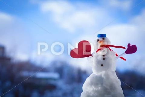 Little Happy Christmas Snowman Red Heart Love Symbol Outdoor. Winter.