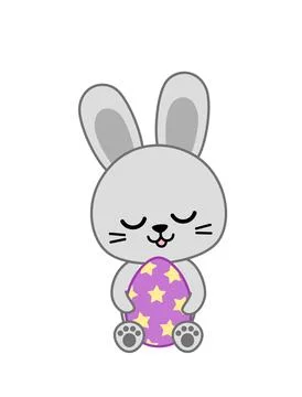 Little hare with Easter purple egg. Bunny is hugging egg. Cartoon, vector Stockillustratie
