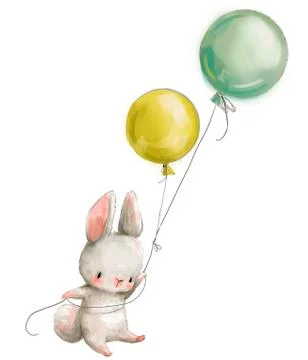 Little hare fly with balloon. Illustrazione stock